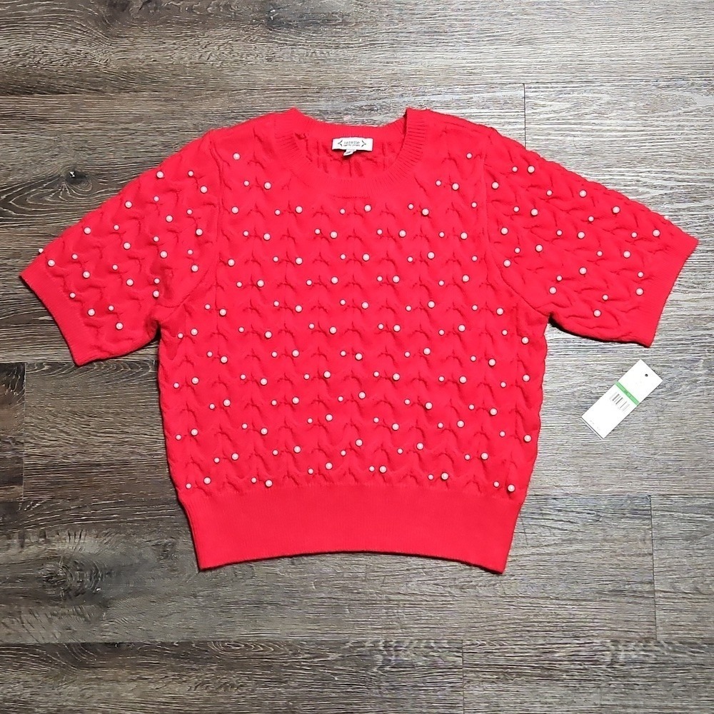 Nanette Lepore Women's Red Short Sleeve Knit Sweater With Faux Pearls